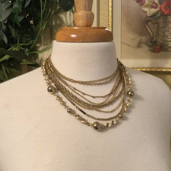 Vintage 1960s Gold Tone Multilayer Necklace - Picture 1 of 7